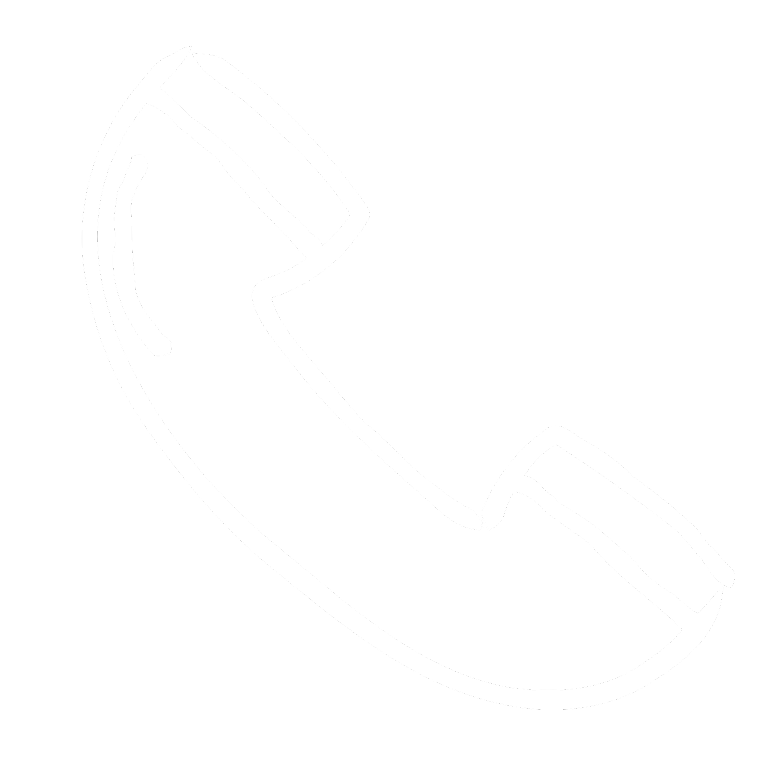 Outline drawing of a hand holding a telephone receiver, with a rotary dial. The phone is shaped in a classic vintage style, depicted in white on a black background.