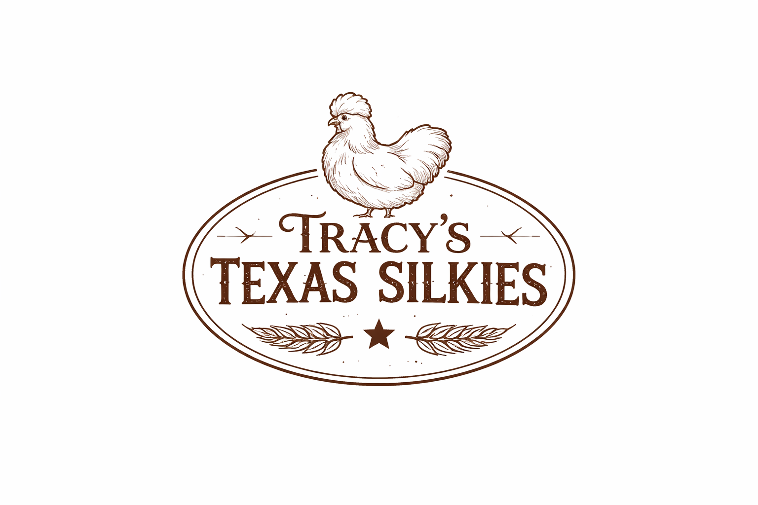Logo for Tracy's Texas Silkies featuring a hen illustration, the text 'Tracy's Texas Silkies,' and decorative wheat and star elements.