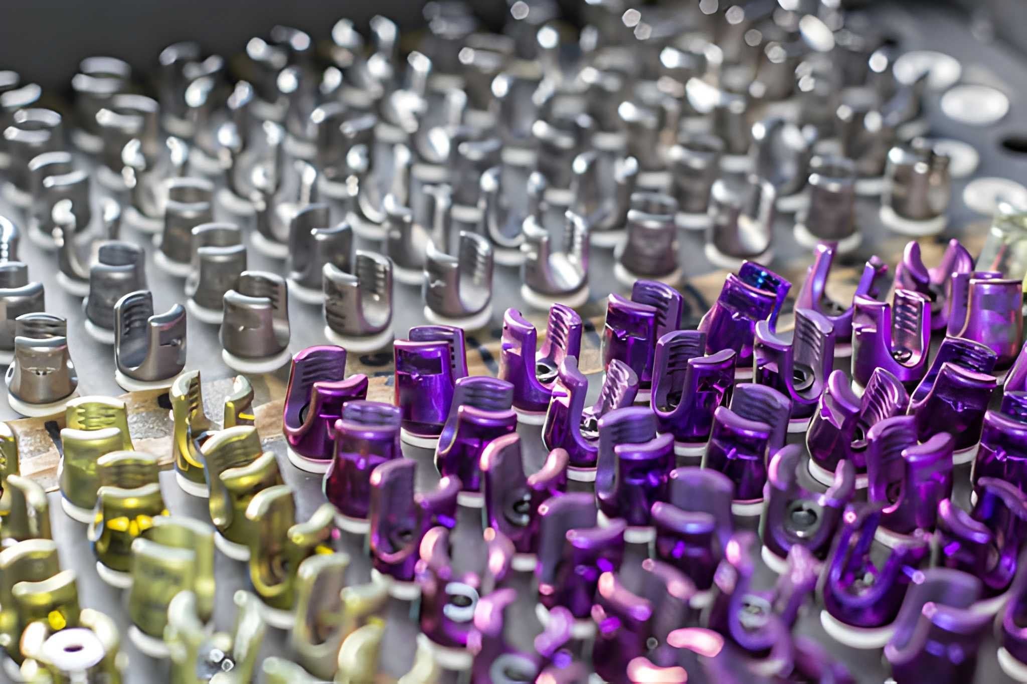 Close-up of colorful hair dye applicator caps arranged in rows, with purple, yellow, and silver colors visible.