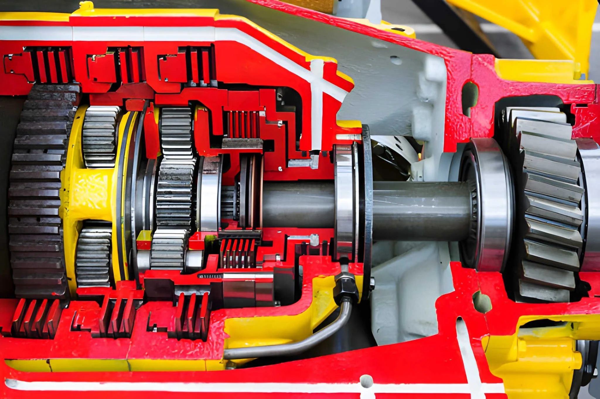 A detailed cutaway view of a mechanical gearbox showing gears and shafts inside a red and yellow casing.