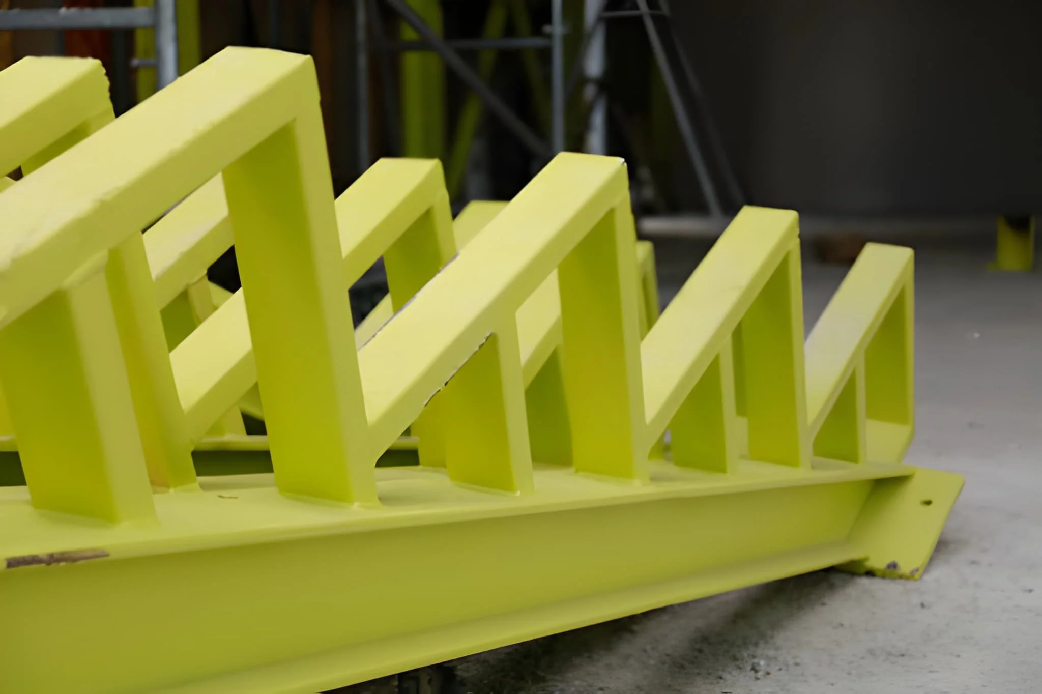 Close-up of a bright yellow metal object with diagonal slats, possibly a decorative or functional piece, situated on a concrete floor with blurred industrial background.