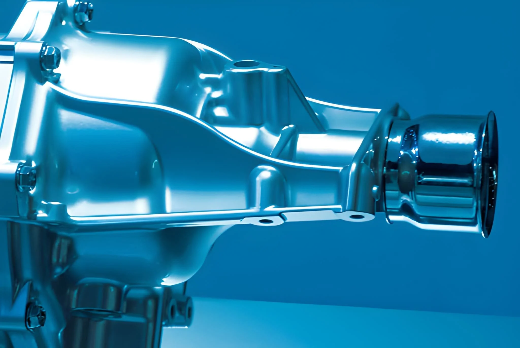 Close-up of a shiny metallic turbocharger against a blue background.