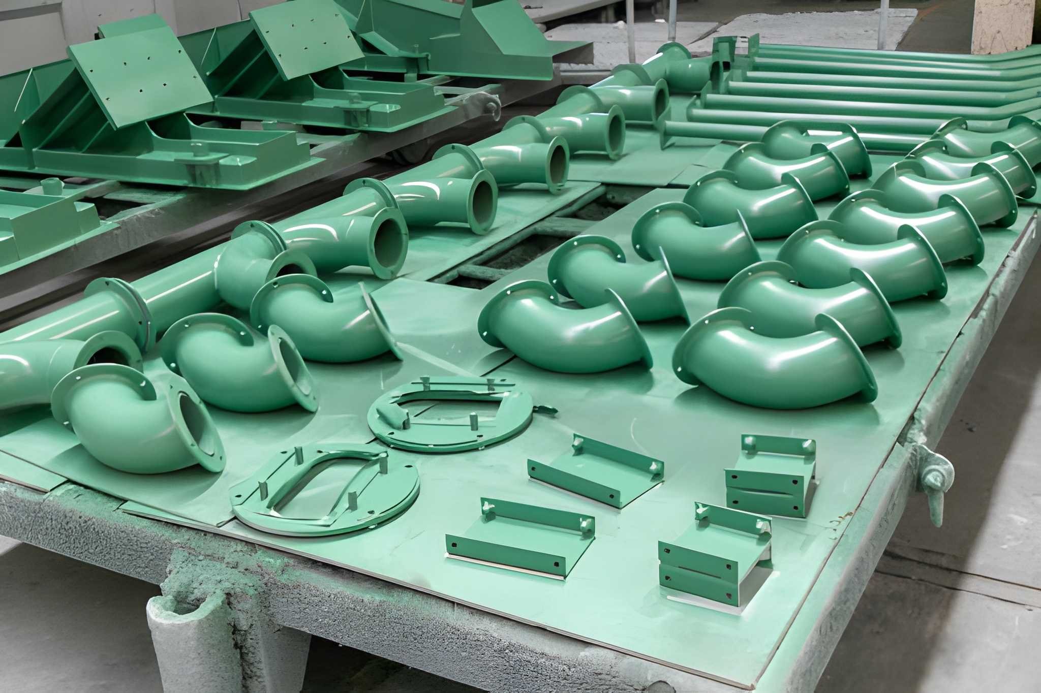 Green-painted metal pipe fittings and brackets laid out on a worktable in a manufacturing or assembly process.