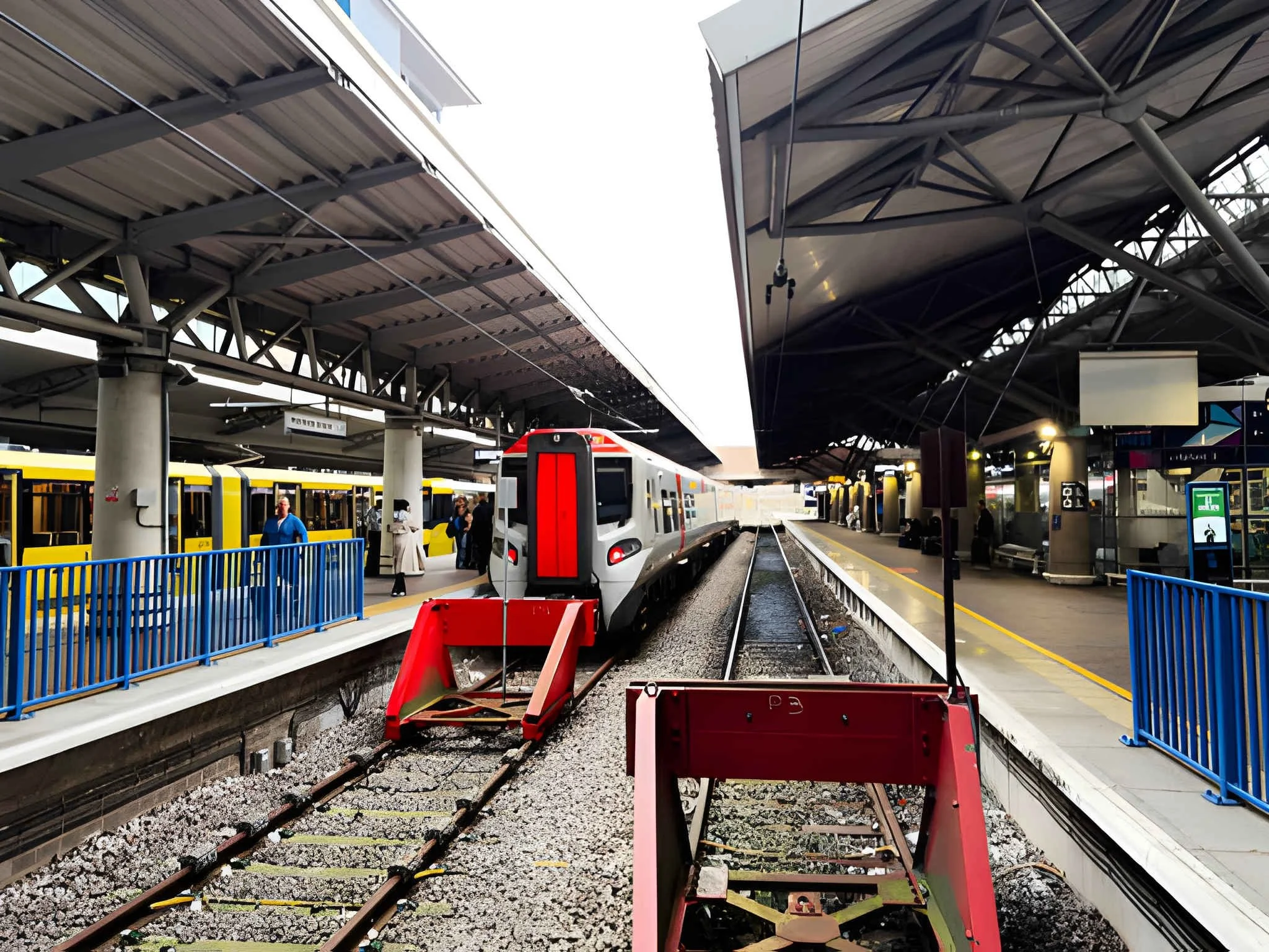 A modern train station with two platforms and tracks. One train is parked at the left platform, while a new train is being installed or repaired on the right tracks with equipment around it. There are people on both platforms and overhead signs, with a partially cloudy sky overhead.