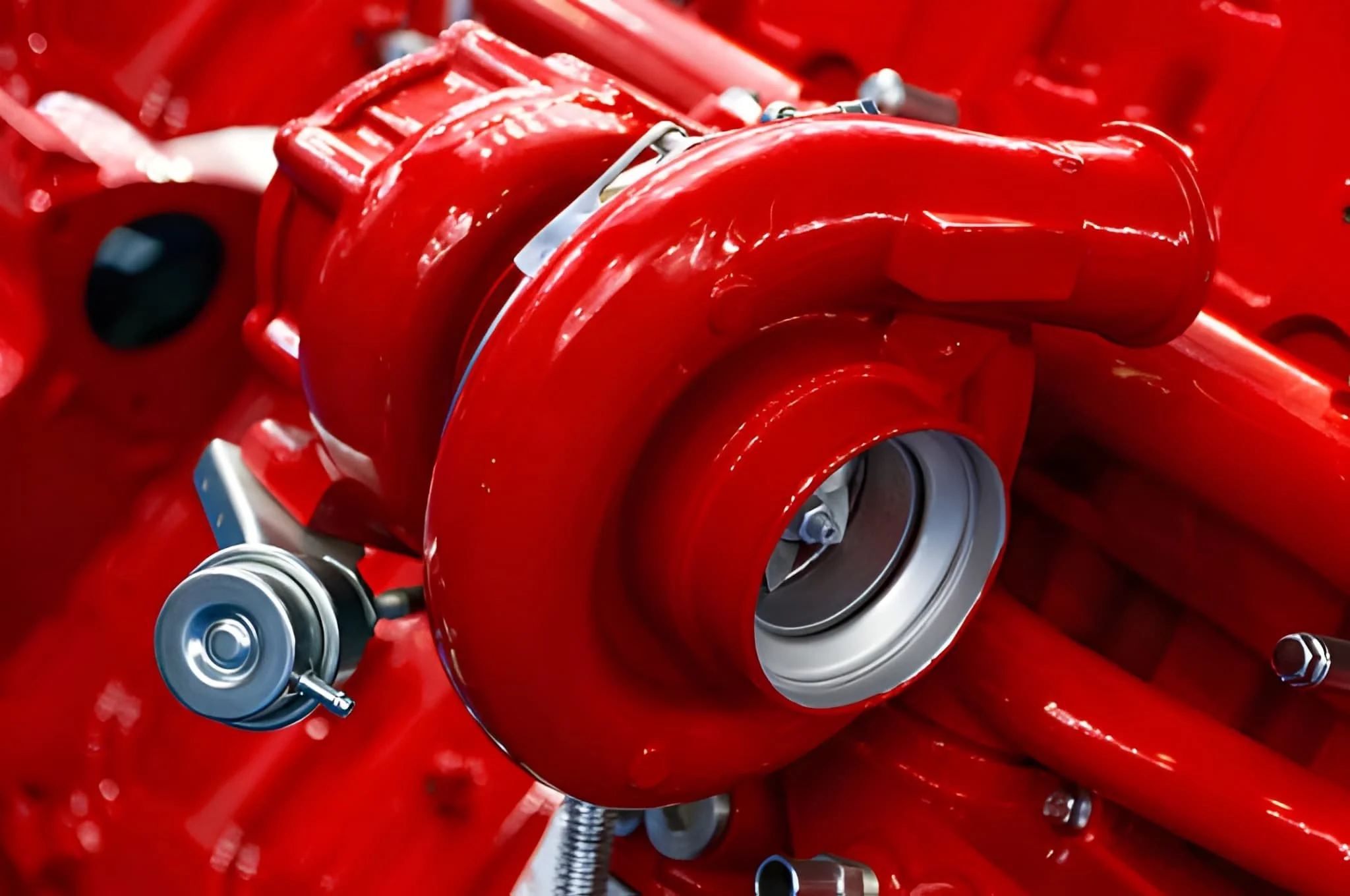 Close-up of a red turbocharger mounted on a red engine with surrounding components.