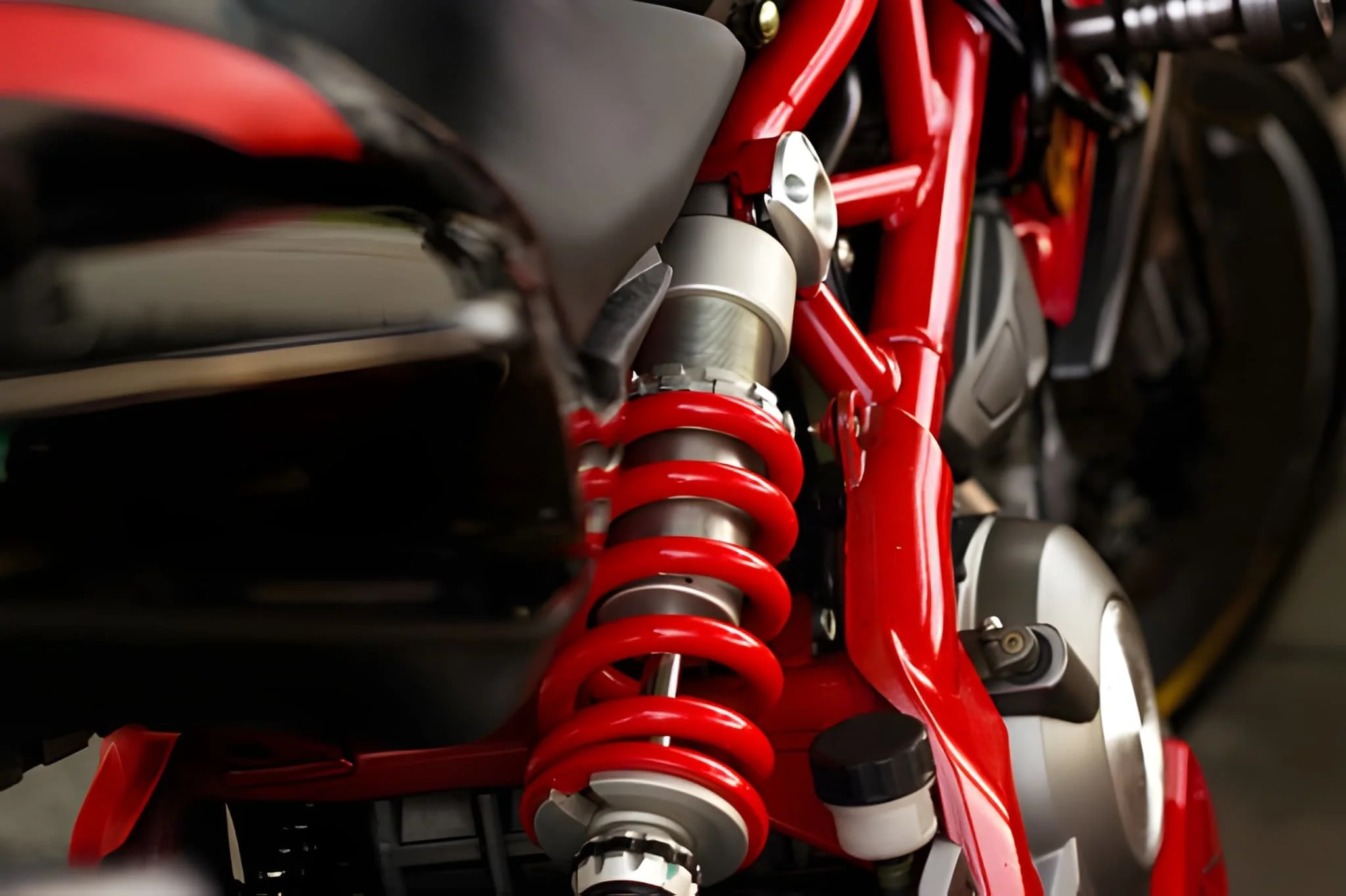 Close-up of a red motorcycle shock absorber and part of the frame.