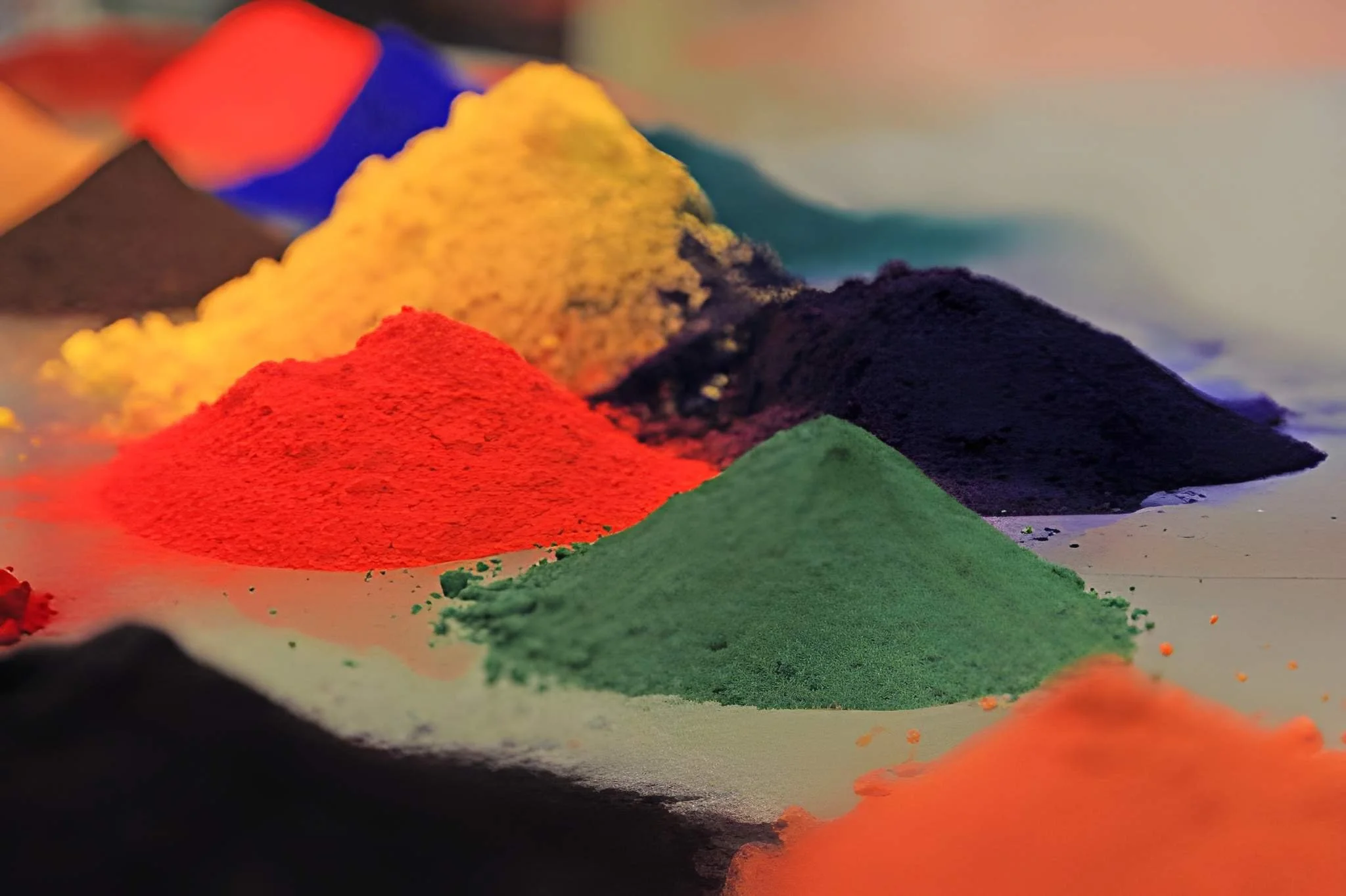 Colorful powders arranged in small mounds on a flat surface, including yellow, red, green, black, purple, blue, and orange colors.