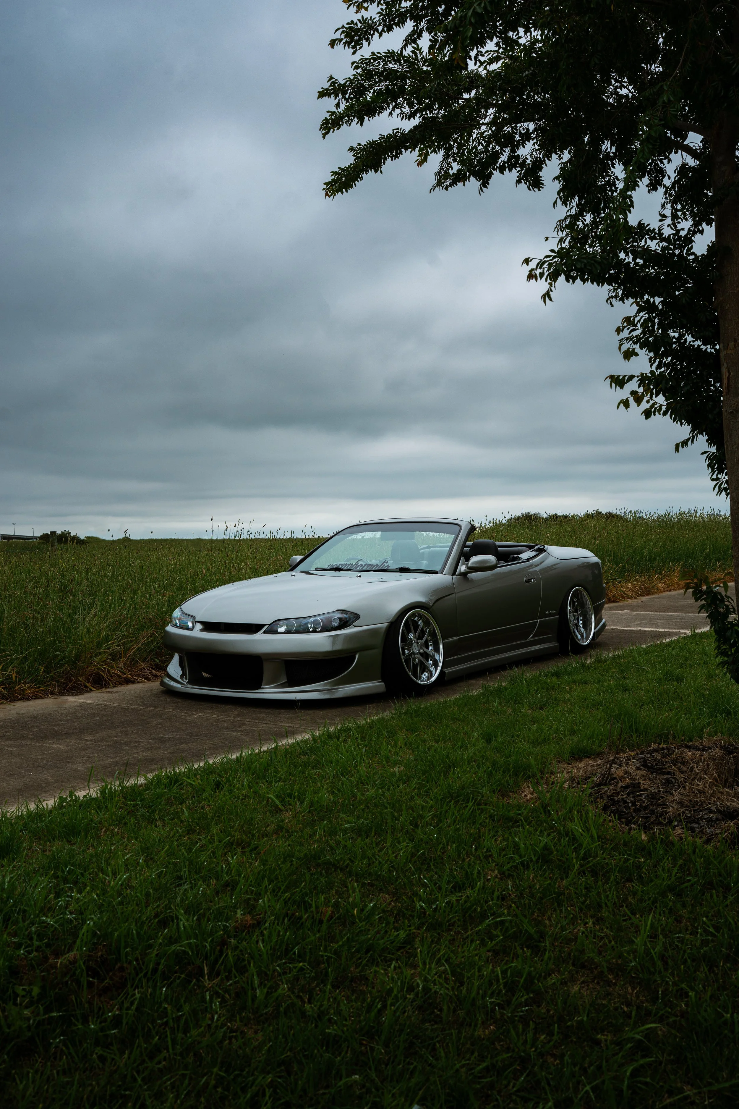 A silver convertible car parked on a pathway near grass and a tree on a cloudy day.