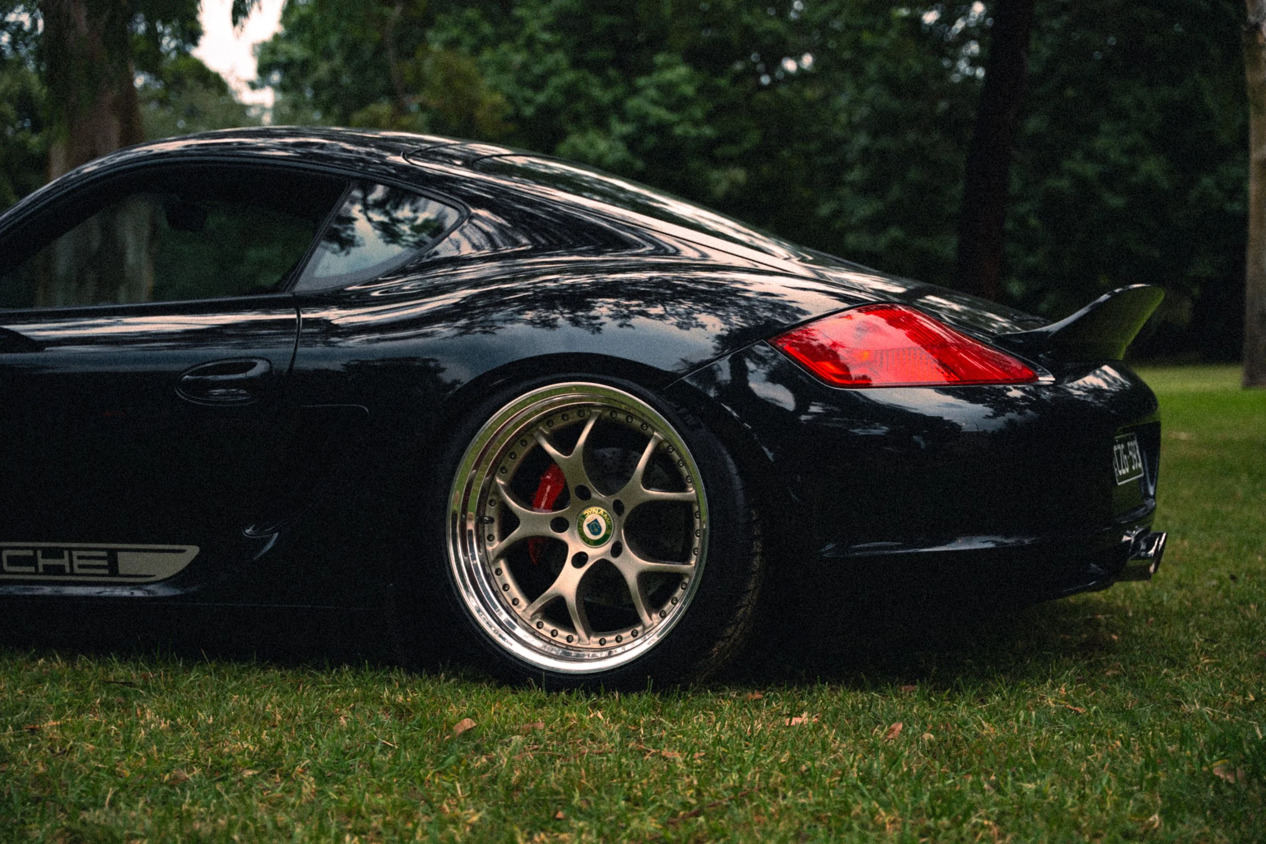 A black Porsche sports car parked on grass with trees in the background, featuring a rear spoiler and silver wheels.