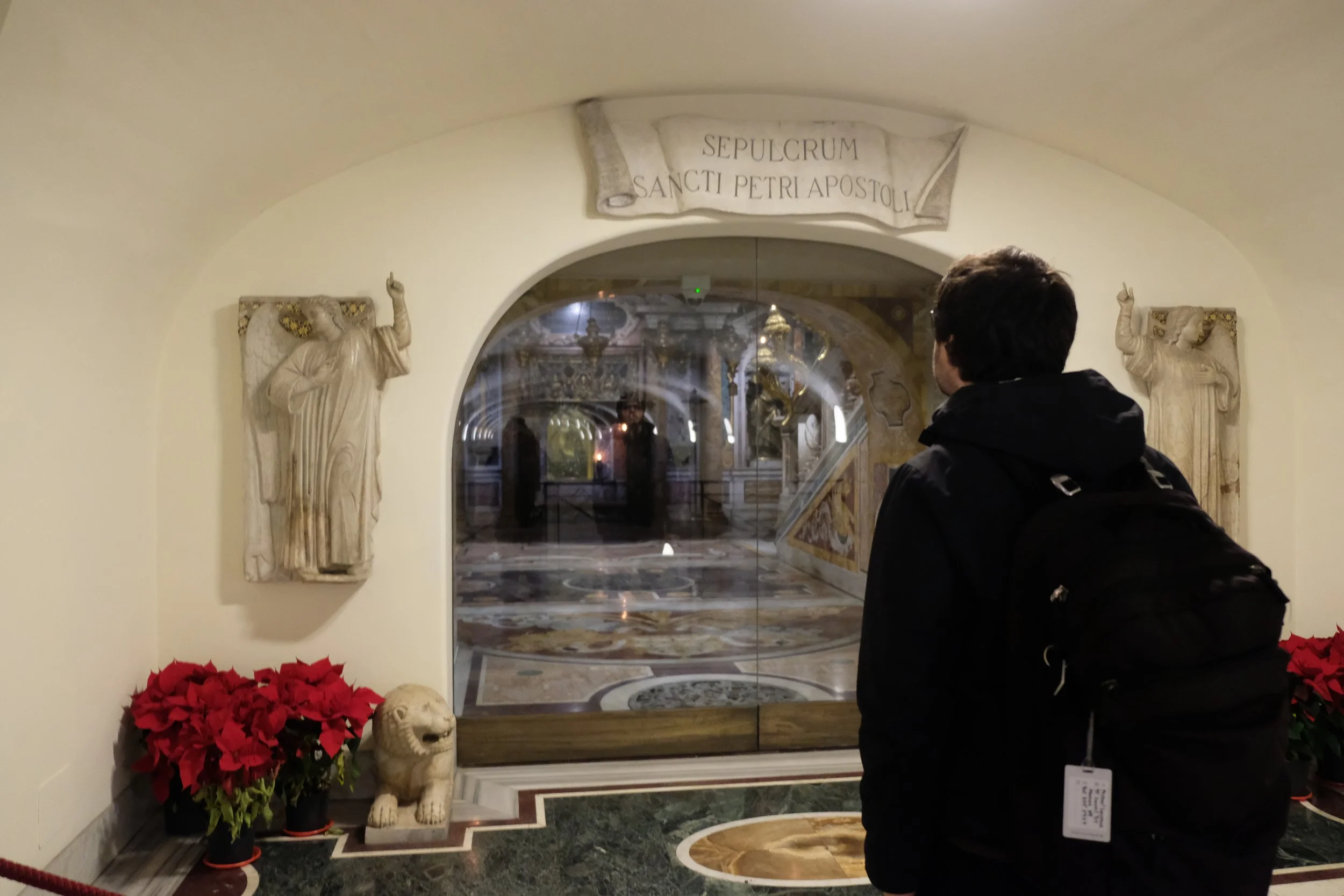 Author viewing the Confessio, original photo