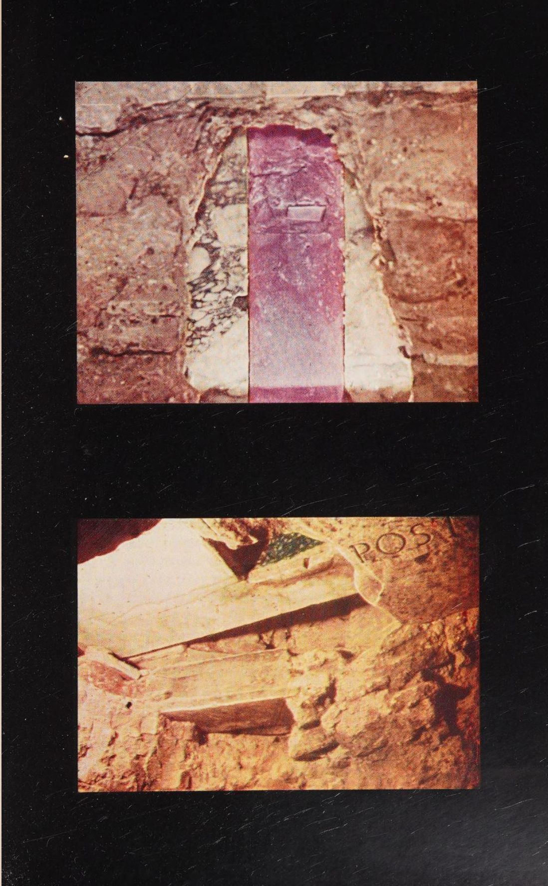 (top) Porphyry strip of Constantinian Memoria. (bottom) A view from below the Isodorus slab, up into the fenestrella shaft, Kirschbaum