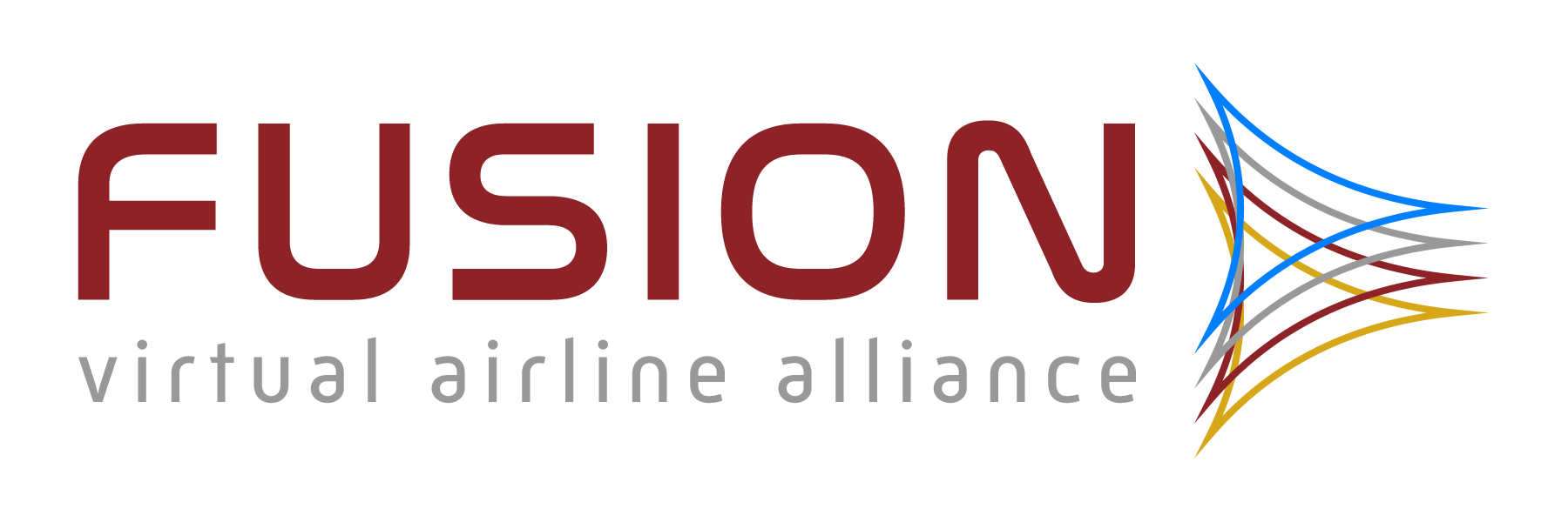 FUSION virtual airline alliance logo with red, gray, and yellow curves on a blue background