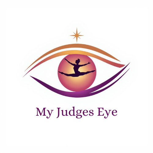 A logo featuring an eye with an eye shape, a gymnast performing a leap inside a circle, a star above the eye, and the text "My Judges Eye" below.
