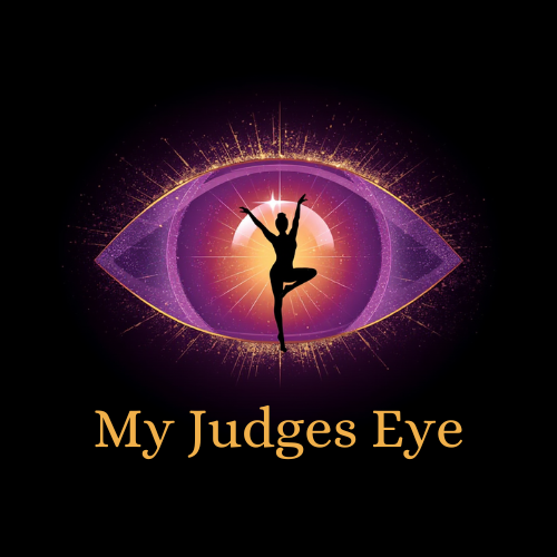 A graphic of an eye with a galaxy pattern inside, featuring a silhouette of a gymnast in a pose at the center, and the text 'My Judges Eye' below.