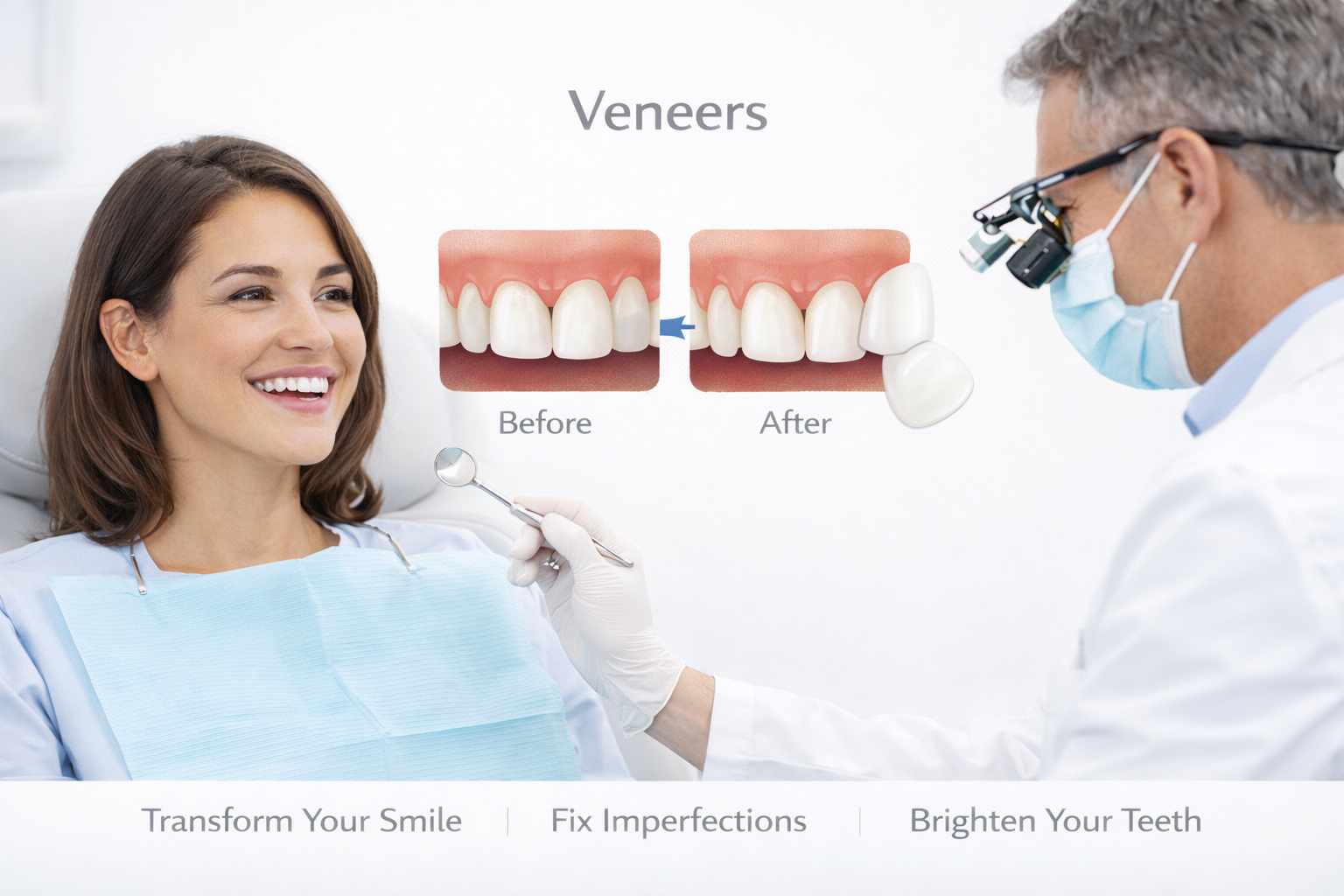 A dentist showing a before and after comparison of dental veneers on a digital display, with a smiling female patient in the dental chair.