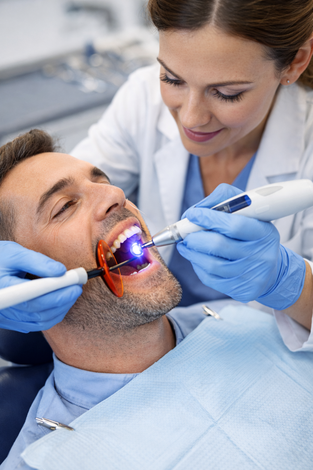 Dentist performing a dental procedure on a patient with dental tools and a curing light.