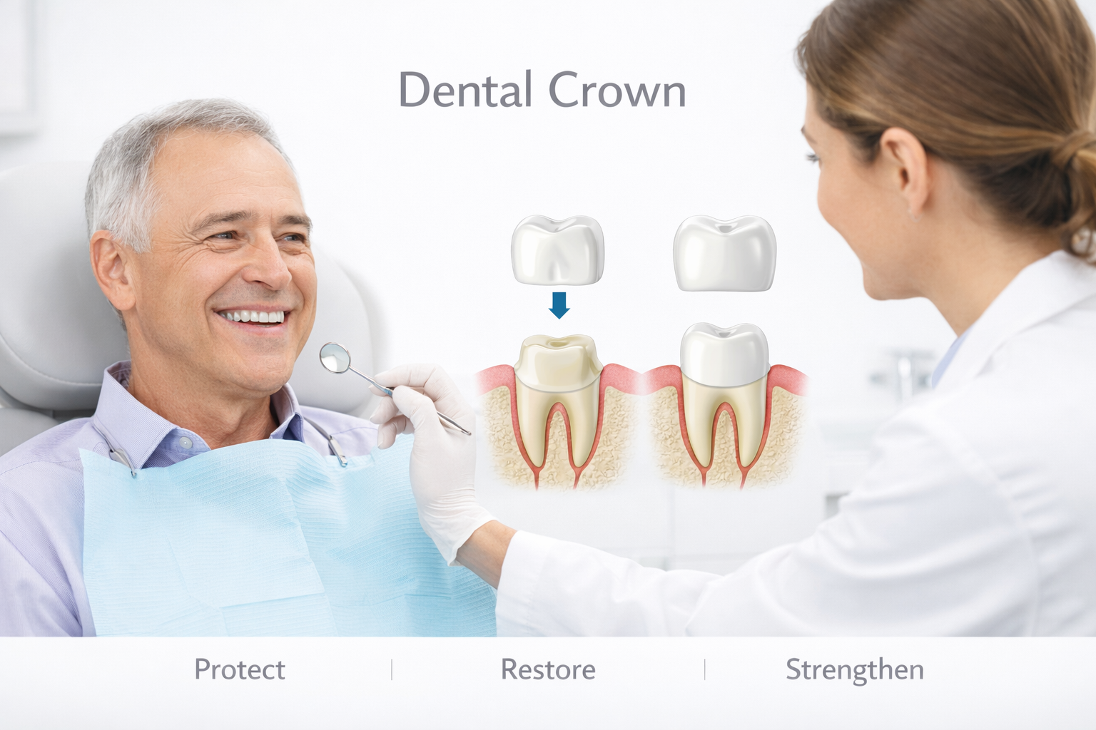 A smiling elderly man at the dentist's office, with a dental professional showing a graphic of a dental crown replacing a damaged tooth, illustrating the functions protect, restore, and strengthen.