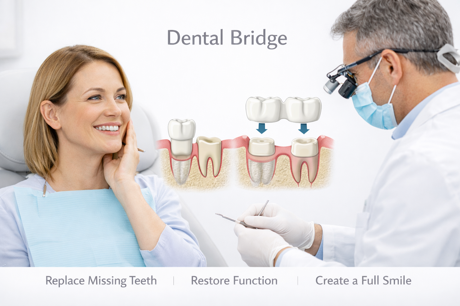 A woman in a dental chair smiling and touching her face, with a dentist wearing magnifying glasses and a mask, demonstrating a dental bridge procedure on a digital illustration.