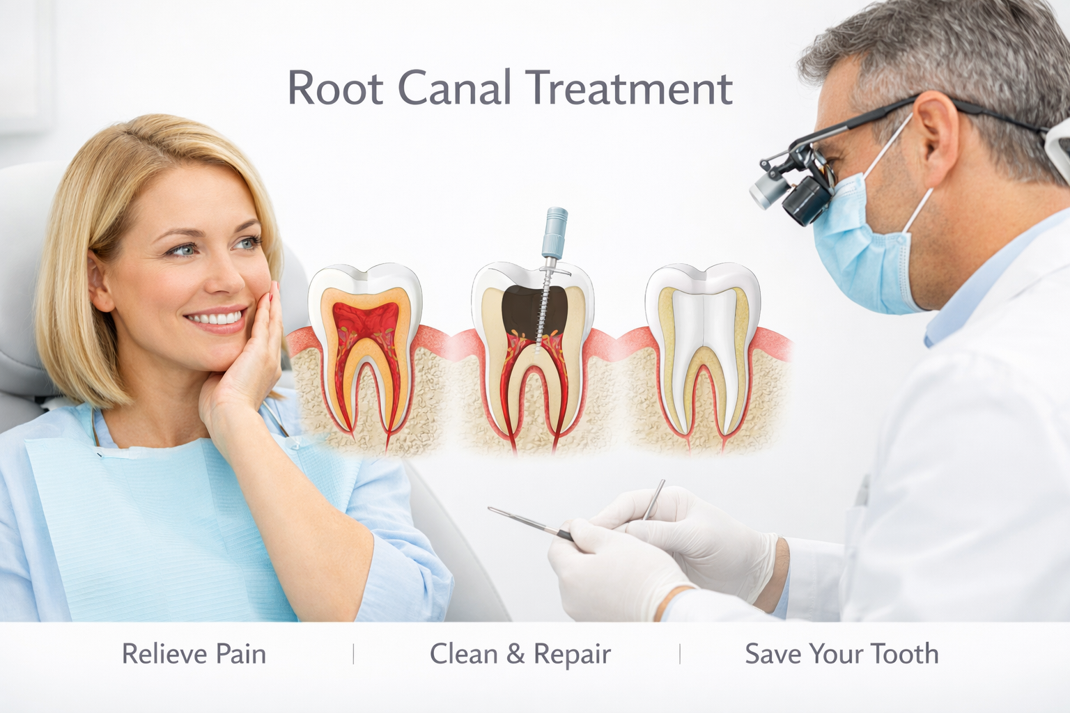 A dental professional with magnifying glasses and face mask attending to a smiling woman, with an illustration showing root canal treatment stages including cleaning and repair, to alleviate pain and save the tooth.