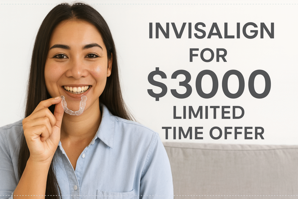 A smiling woman holding a clear Invisalign aligner in her hand, with a promotional sign behind her that reads 'Invisalign for $3000, Limited Time Offer'.