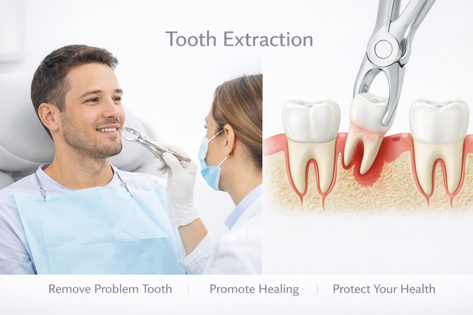 A dentist and a patient during a tooth extraction procedure, with a dental illustration showing a tooth being removed sitting to the right.