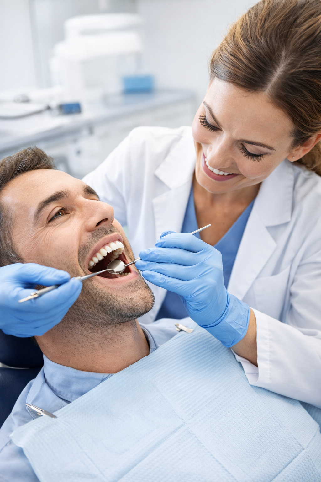 Dentist examining a patient's teeth in a dental office.