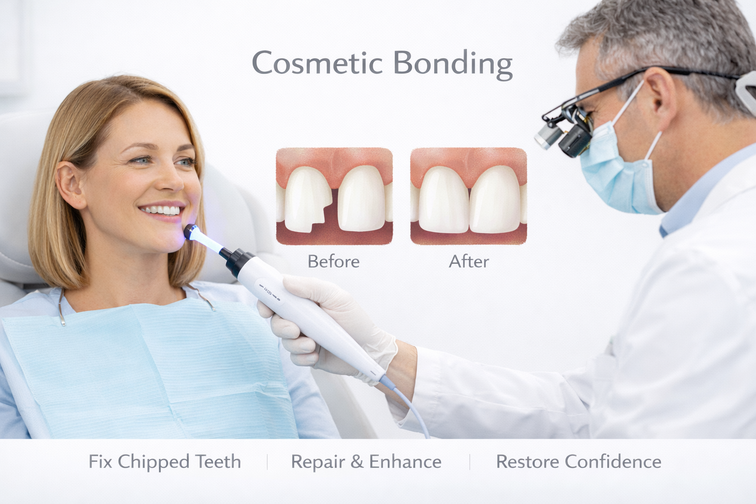 Dentist performing cosmetic bonding on a woman's chipped front teeth, with before and after images showing repaired teeth and text explaining the process.