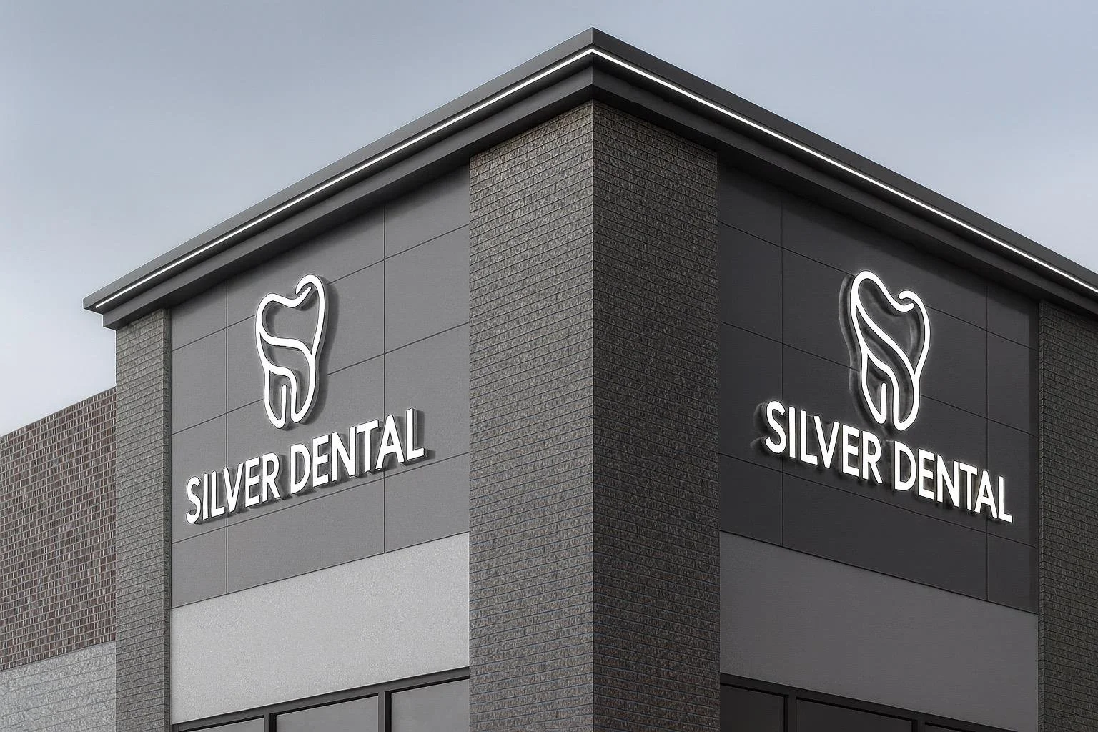 Exterior of a dental office with illuminated signage that reads 'Silver Dental' and displays a tooth outline logo on a modern building.