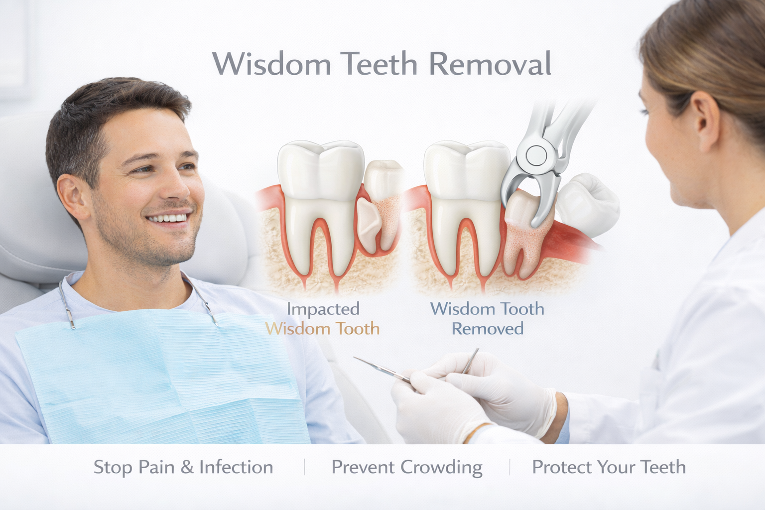 Illustration of wisdom tooth removal procedure, showing impacted wisdom tooth and removal with dental tools, with a smiling patient in dental chair and dentist preparing instruments, promoting dental health benefits.