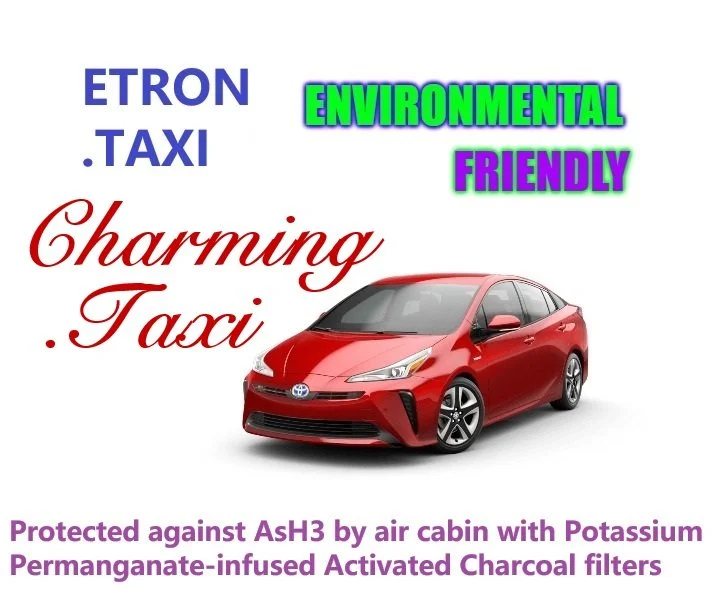 An advertisement for ETRON Taxi featuring a red car and colorful text highlighting its environmental friendliness and health benefits.