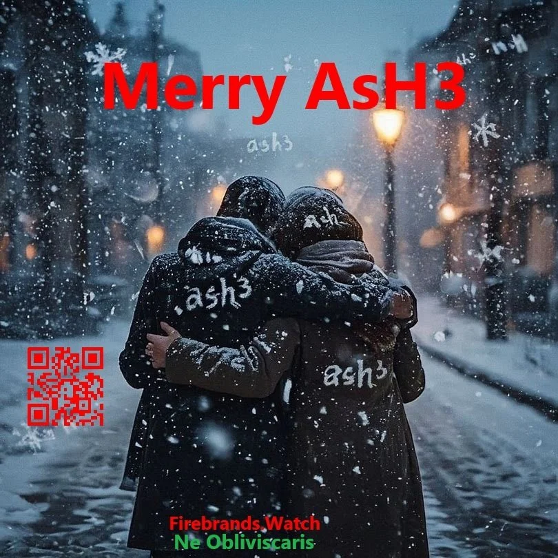 Two people hugging on a snowy street at night with streetlights, the word 'ash3' written on their clothing, and red and green text with the message 'Merry Ash3' and 'Firebrands Watch NE Obliviscaris'.