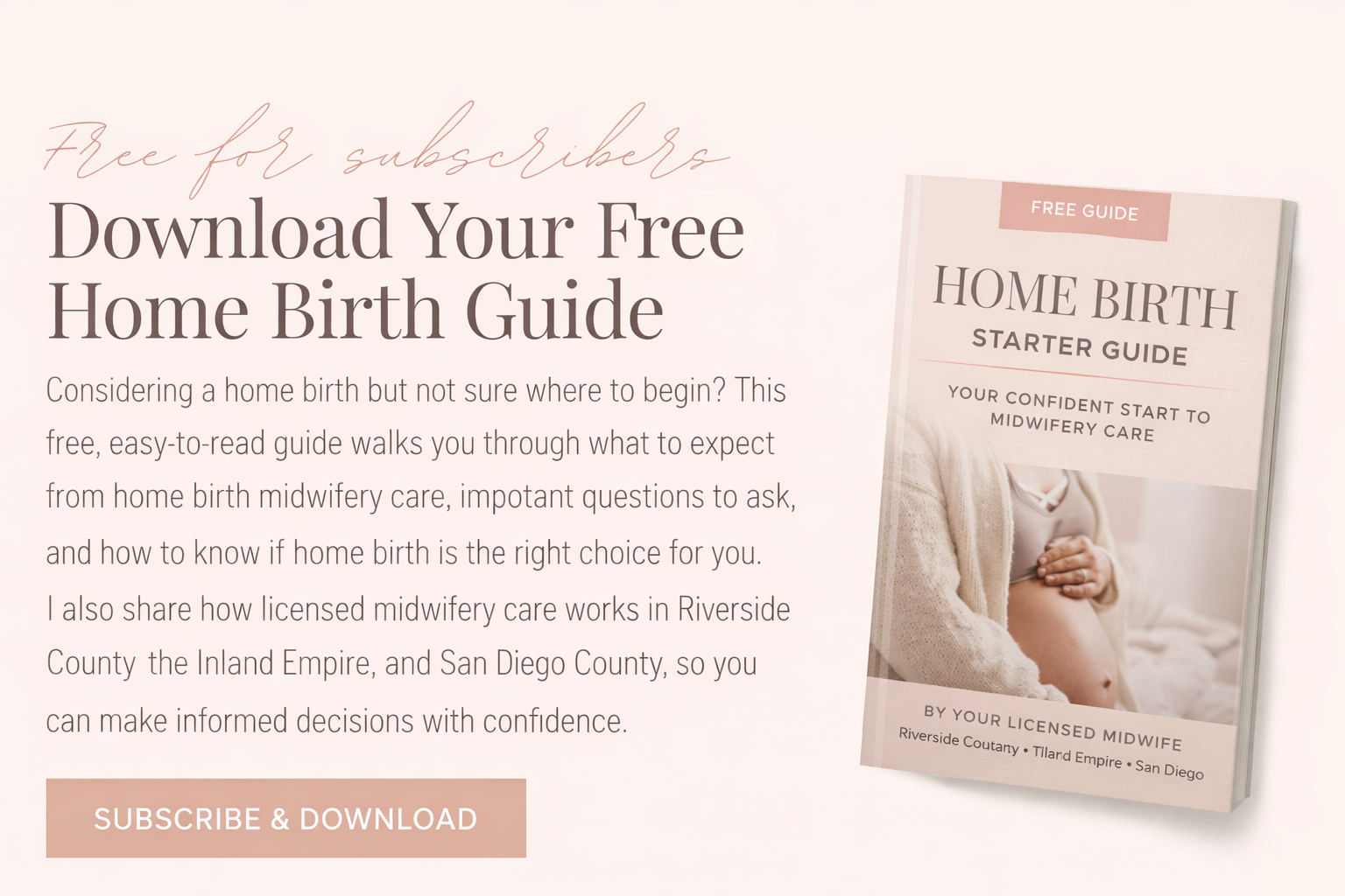 A promotional webpage offering a free downloadable home birth guide, featuring a welcoming design with an image of a pregnant woman and a "Subscribe & Download" button.