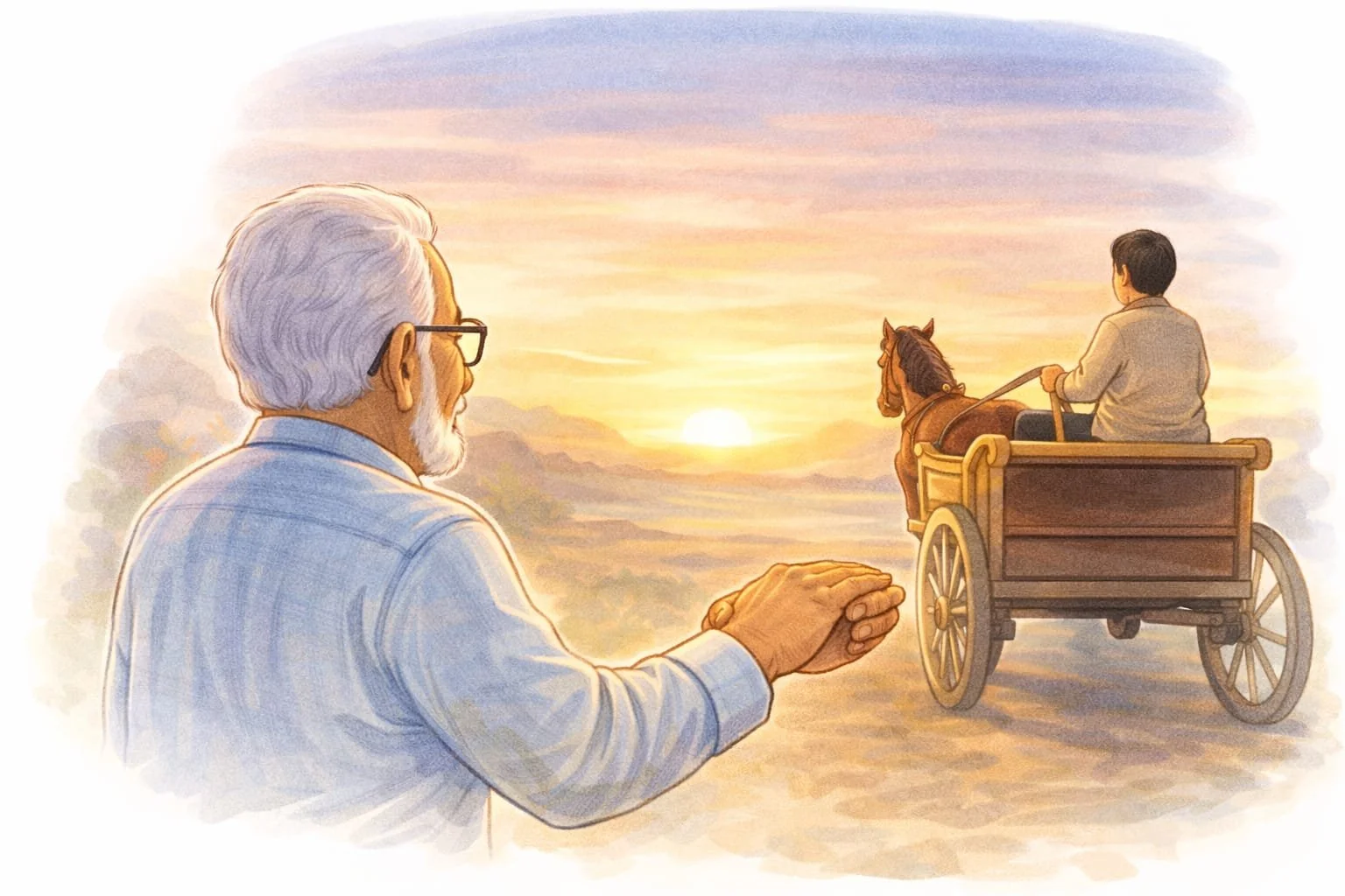 An elderly man watching over a younger person on a journey, symbolising guidance, protection, and the passing of wisdom across generations in the pursuit of justice and dignity.