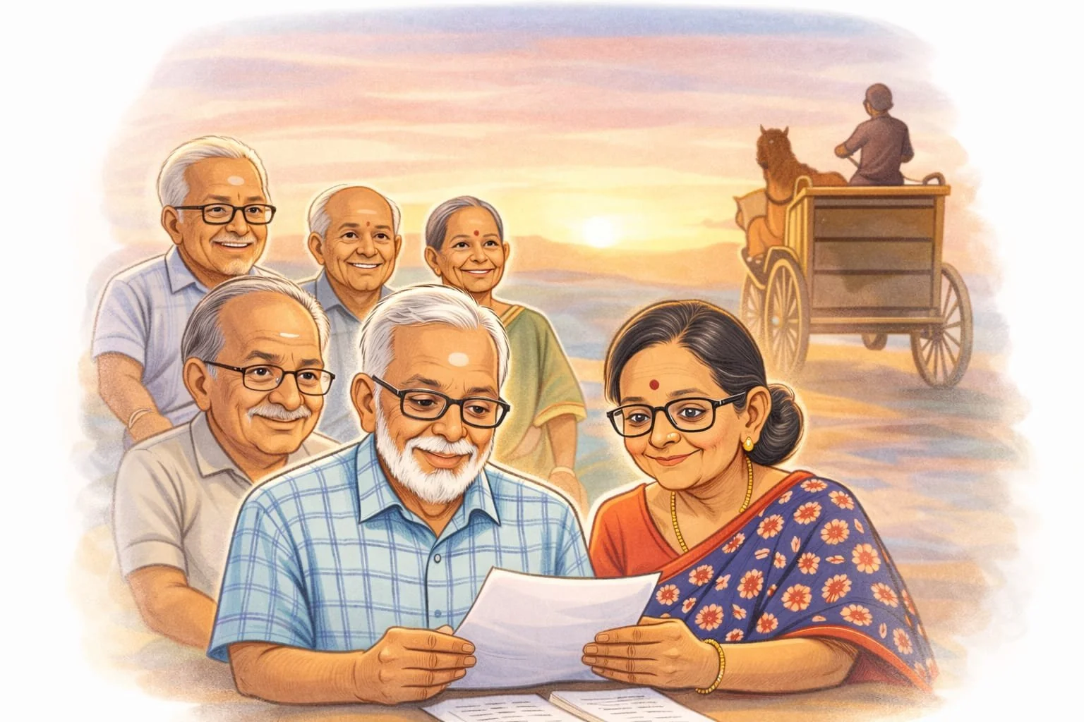 A group of senior citizens reviewing documents with confidence and support, representing community, shared experience, and collective empowerment through rights awareness.