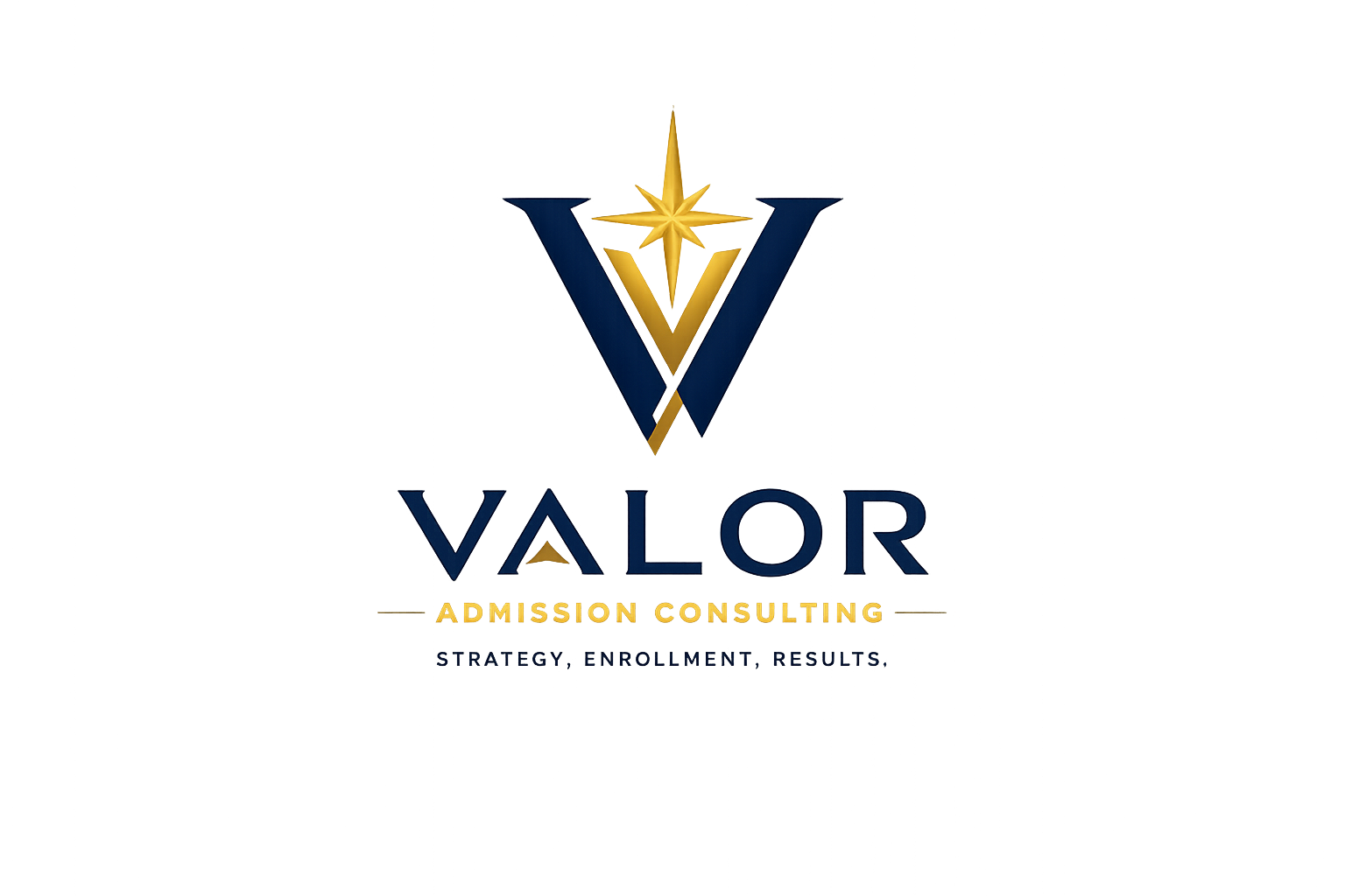 Logo for Valor Admission Consulting with a stylized 'V' and star, and text indicating strategy, enrollment, and results.