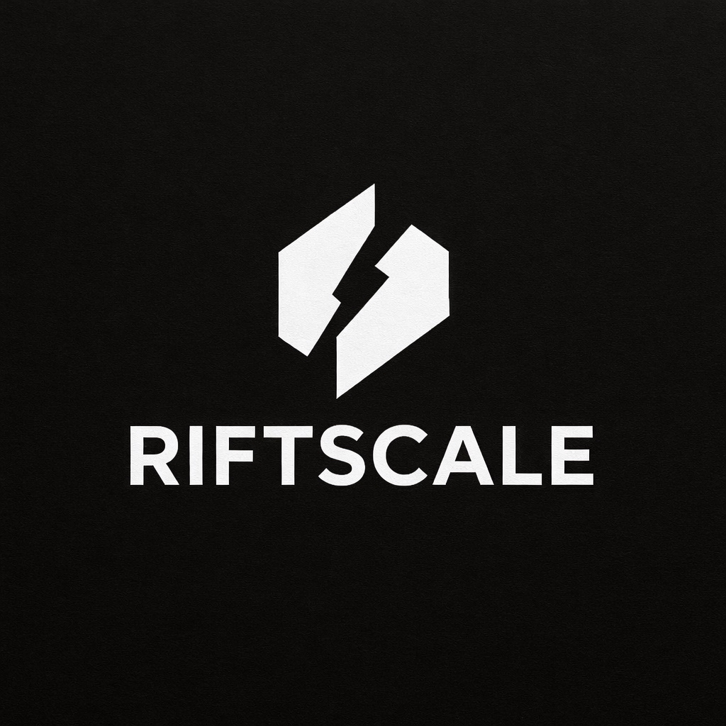 Black background with a white hexagon logo featuring a lightning bolt inside it, and the word 'RIFT SCALE' beneath in bold white letters.