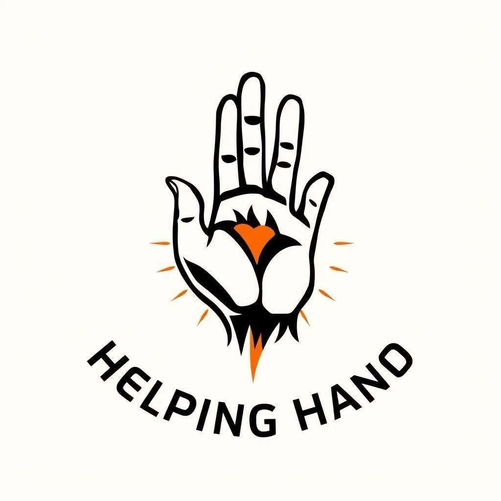 Illustration of a hand with a heart symbol in the palm, surrounded by the text 'Helping Hand' at the bottom.