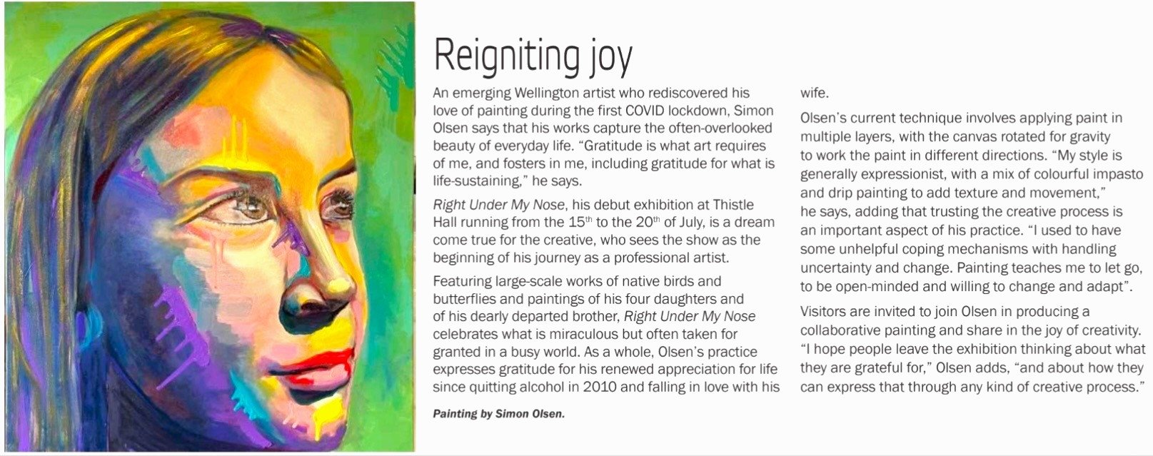 A newspaper article about Simon Olsen's fist exhibition, with his painting of a girl's face with long hair, vibrant colour and expressible brushstrokes and drips.