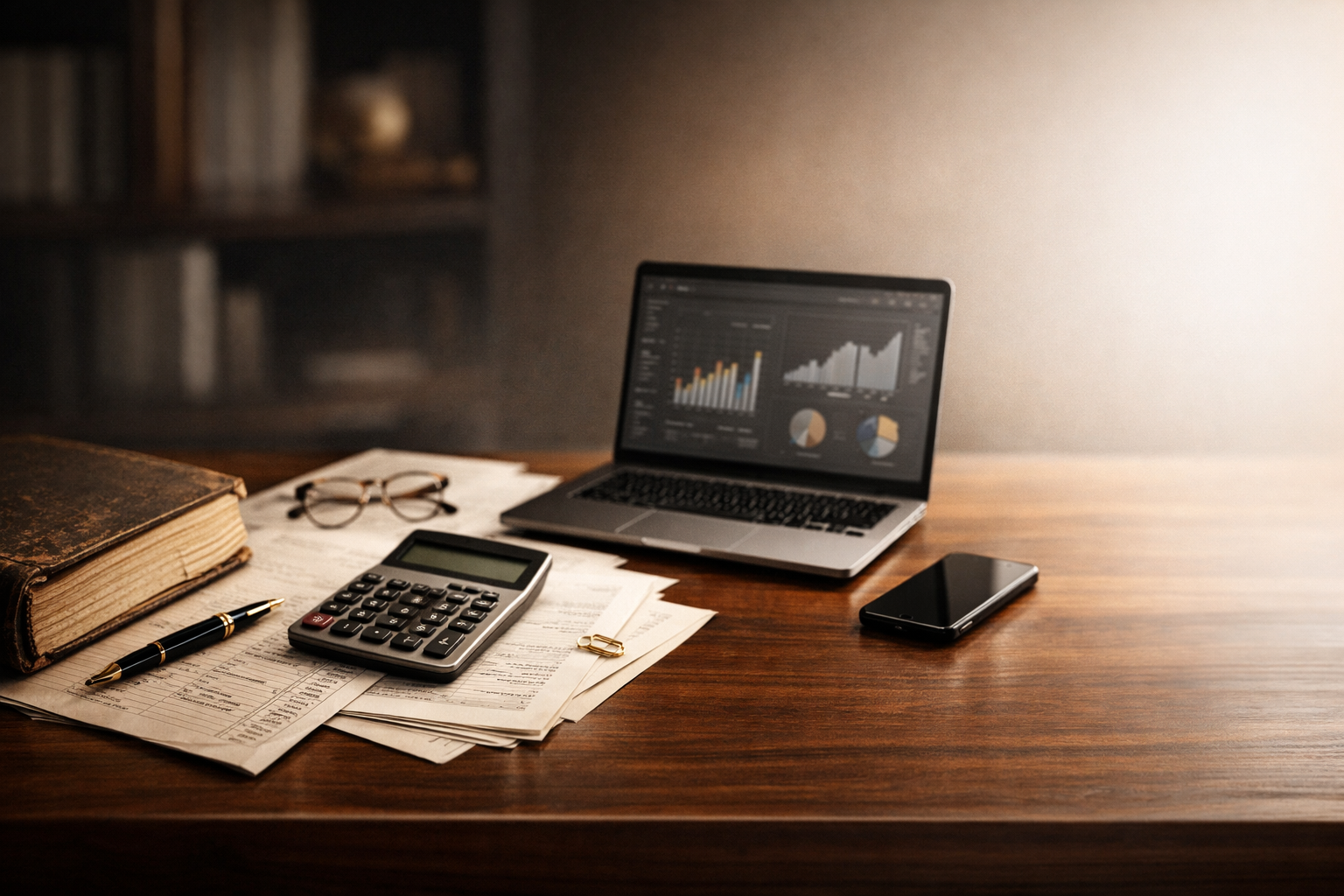 Tavolo da lavoro con libri, occhiali, penna, calcolatrice, documenti, smartphone, e laptop con grafici e statistiche sullo schermo.