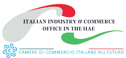Logo con scritte 'Italian Industry & Commerce Office in the UAE' e 'Camere di Commercio Italiane all'Estero', con elementi grafici in rosso, verde, bianco e azzurro.