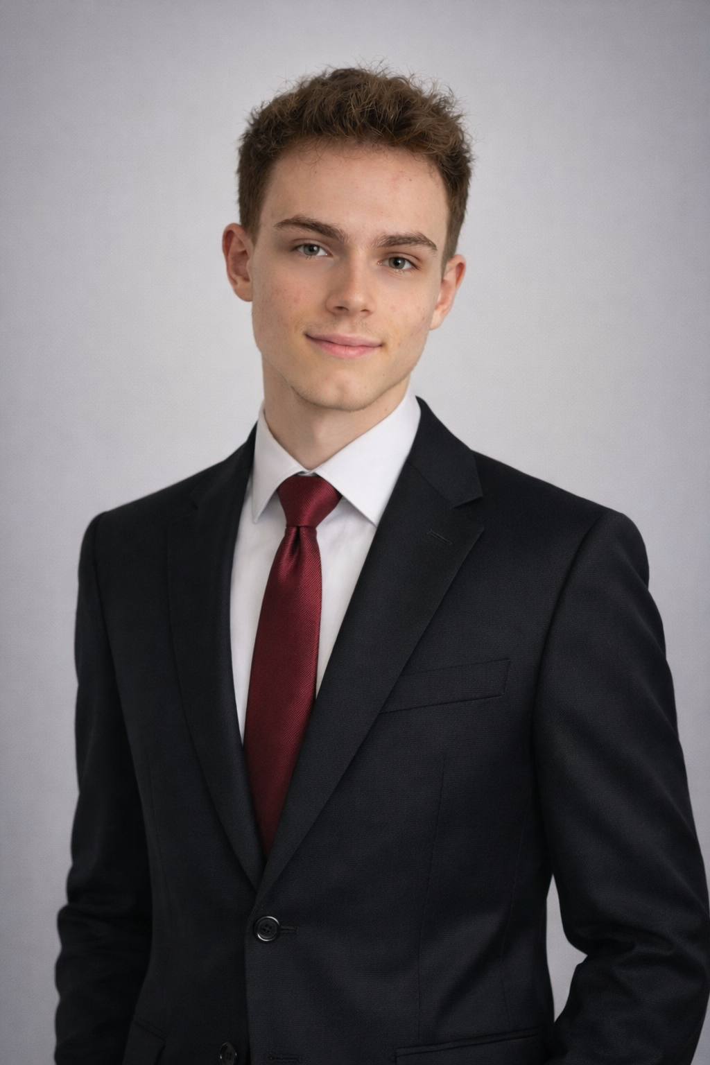 Ritratto Andrea Tregnaghi, vestito in abito nero con cravatta rossa, sfondo grigio.