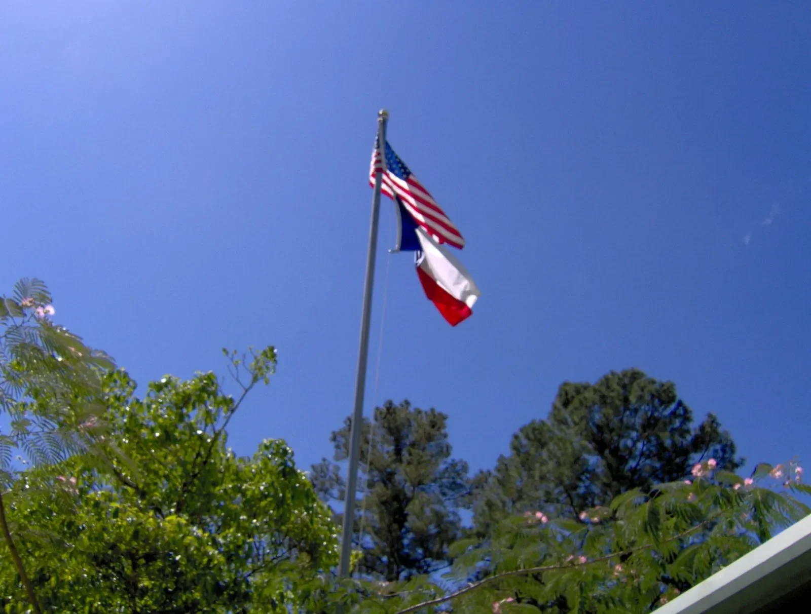 American flag and Texas state flag flying on a flagpole, with trees and blue sky in the background.