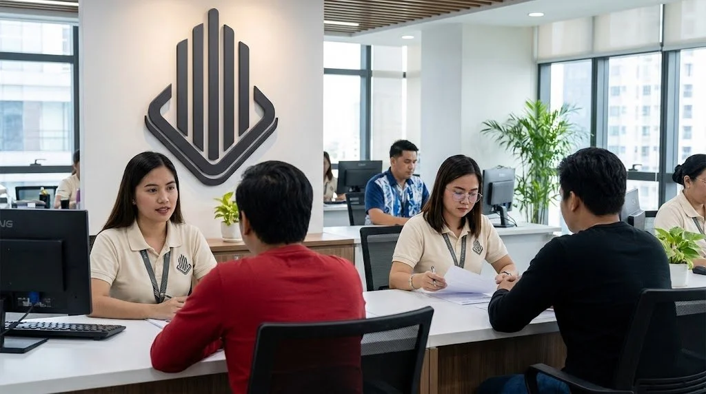People sitting at desks in a modern office, engaged in a discussion, with a large company logo on the wall.