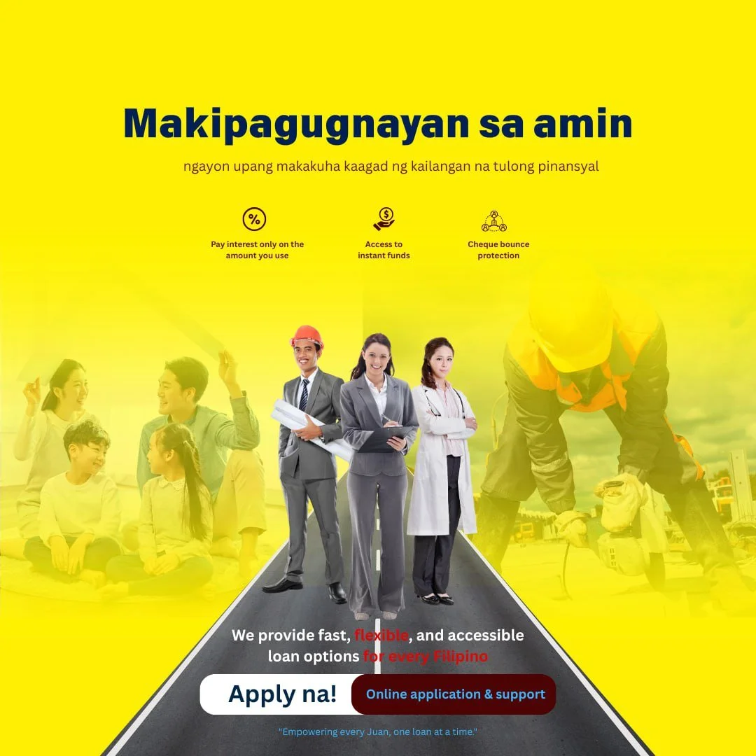 A promotional poster in Filipino for a financial loan service with a bright yellow background, featuring professionals in business attire and workers in safety gear. The text highlights benefits like paying interest only on used amounts, access to instant funds, and cheque bounce protection, with a call to action to apply online.