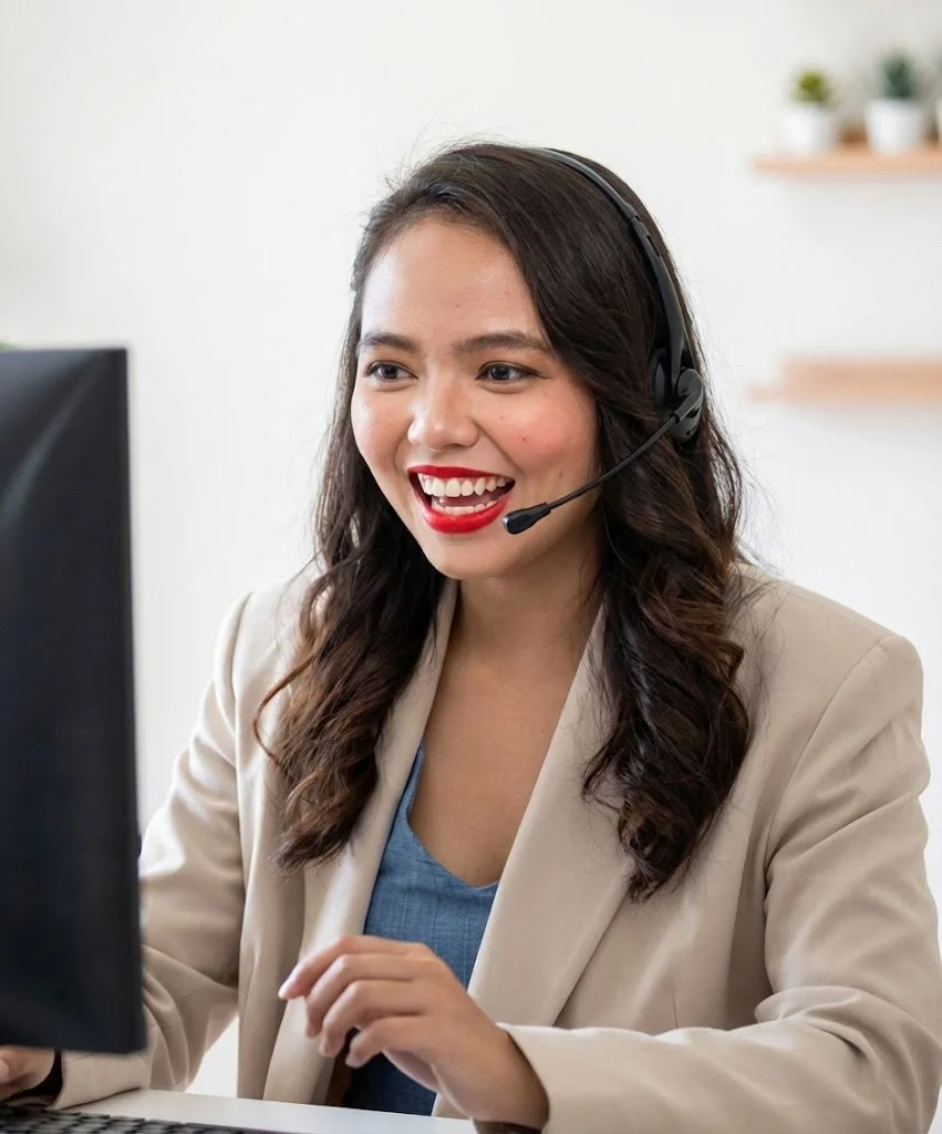 A woman wearing a beige blazer and blue top, with long dark hair, is smiling and wearing a headset while working at a computer in a bright office.