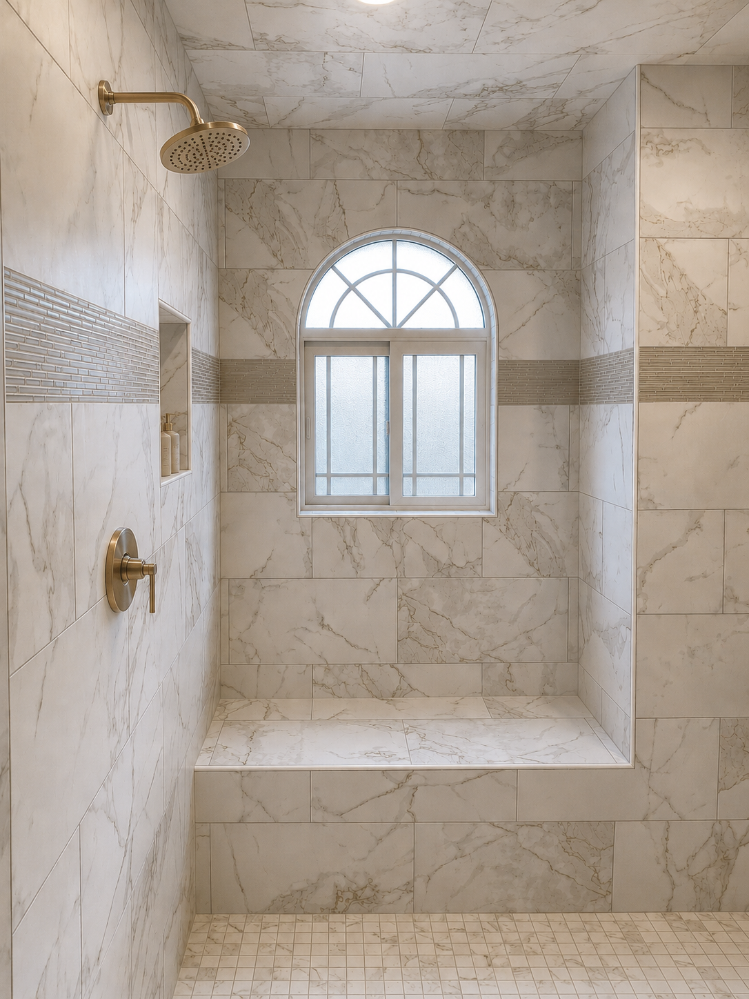 Empty marble tiled walk-in shower with a window, showerhead, and control handle