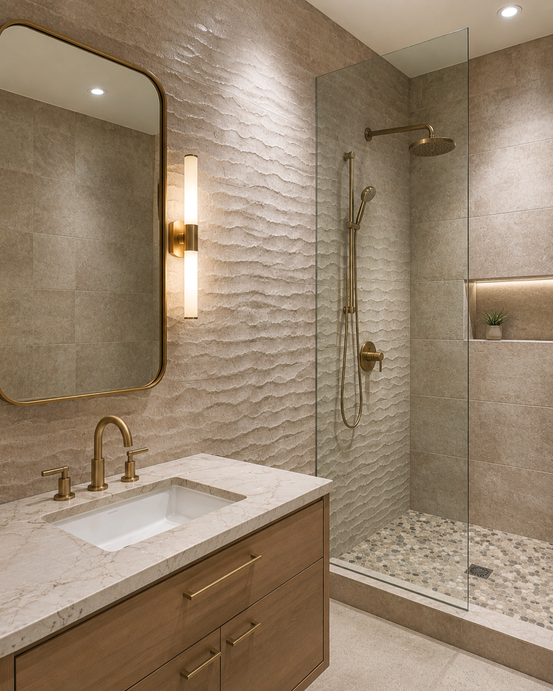 Modern bathroom with beige textured wall, marble countertop vanity with gold fixtures, and a glass-enclosed shower with gold fixtures and pebble tile floor.