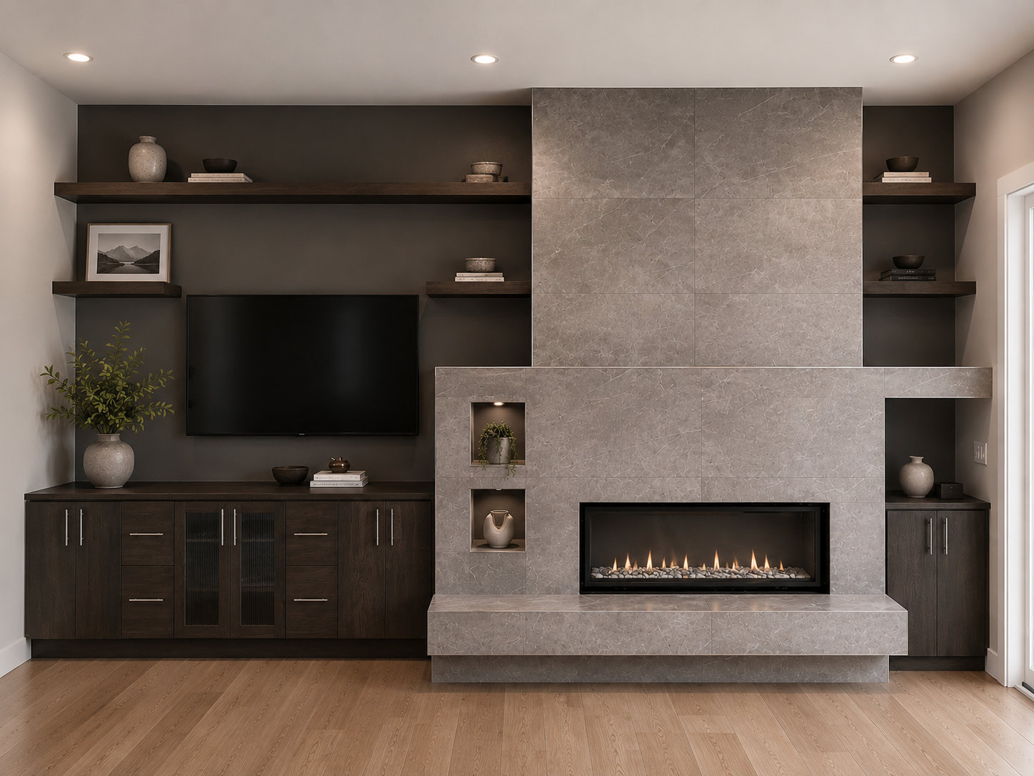Modern living room with a fireplace, dark wood cabinets, shelves with decorative items, a TV, and a potted plant.