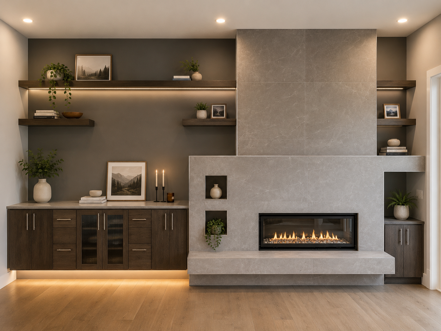Modern living room with a built-in fireplace, wooden cabinets, shelves with decorative items and framed pictures, and potted plants, with warm lighting and hardwood floors.