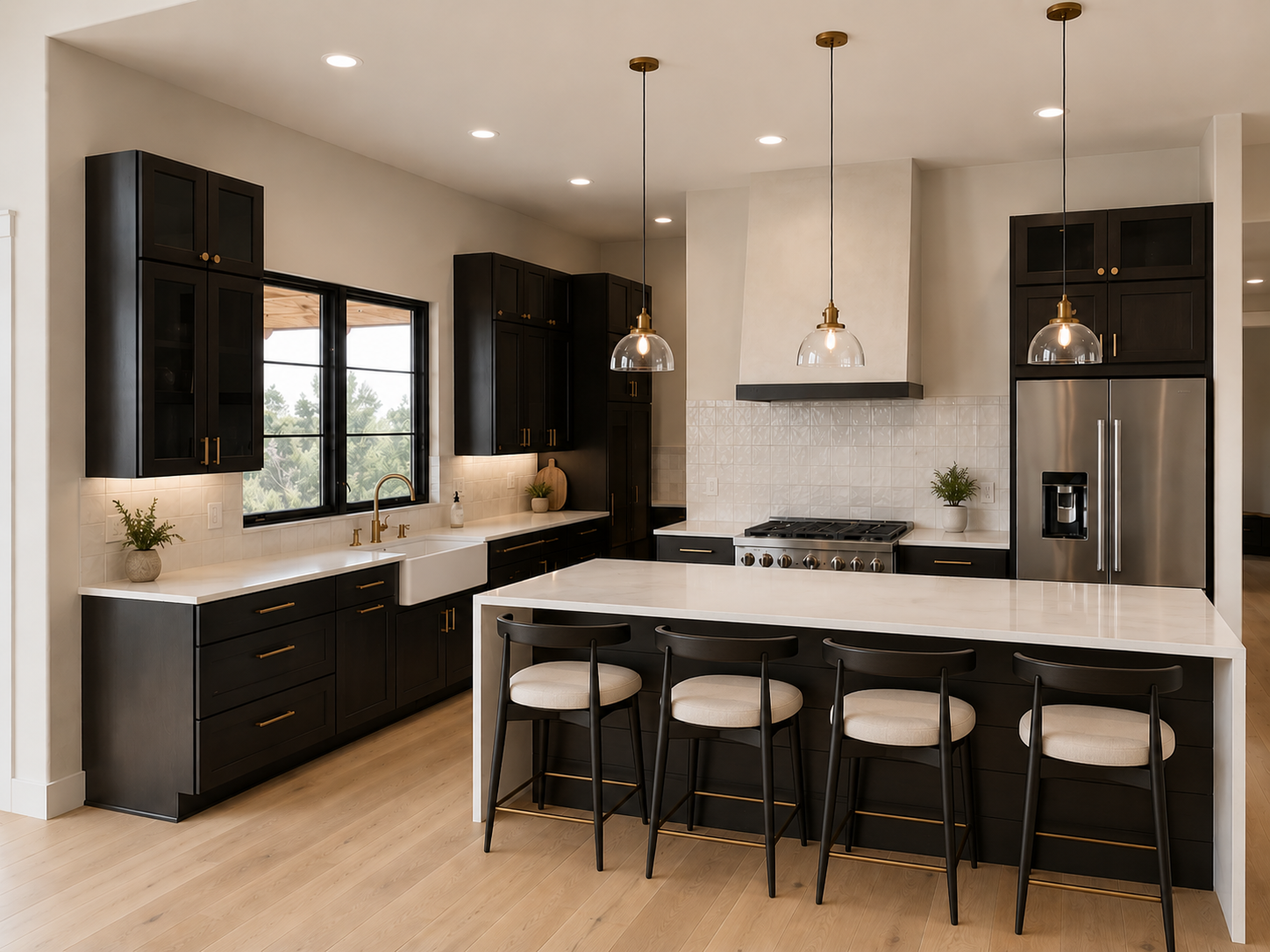 Modern kitchen with black cabinets, white countertops, a large island with four chairs, a stainless steel refrigerator, a stove, pendant lights, and a window overlooking trees.